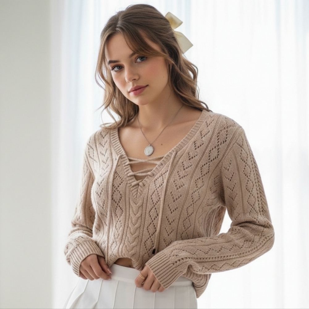 Forever 21 M Y2K Bohemian Romantic Coquette Lace Up Pointelle Knit Sweater